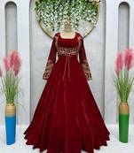 Maroon velvet thread with sequence work gown with koti