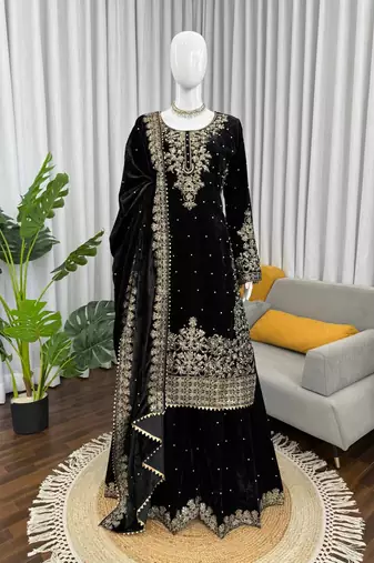 Black viscose velvet cording sequence with moti work top bottom with dupatta