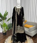 Black viscose velvet cording sequence with moti work top bottom with dupatta