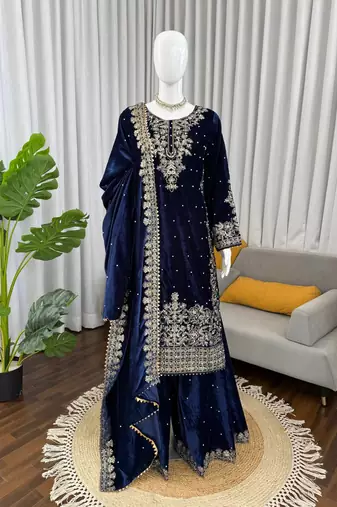 Blye viscose velvet cording sequence with moti work top bottom with dupatta