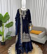 Blye viscose velvet cording sequence with moti work top bottom with dupatta