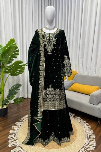 Green viscose velvet cording sequence with moti work top bottom with dupatta