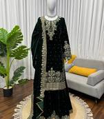Green viscose velvet cording sequence with moti work top bottom with dupatta
