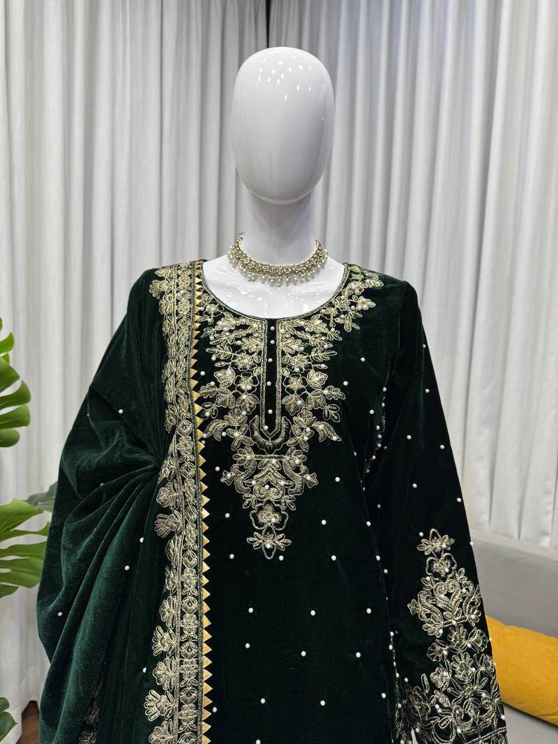 Green viscose velvet cording sequence with moti work top bottom with dupatta