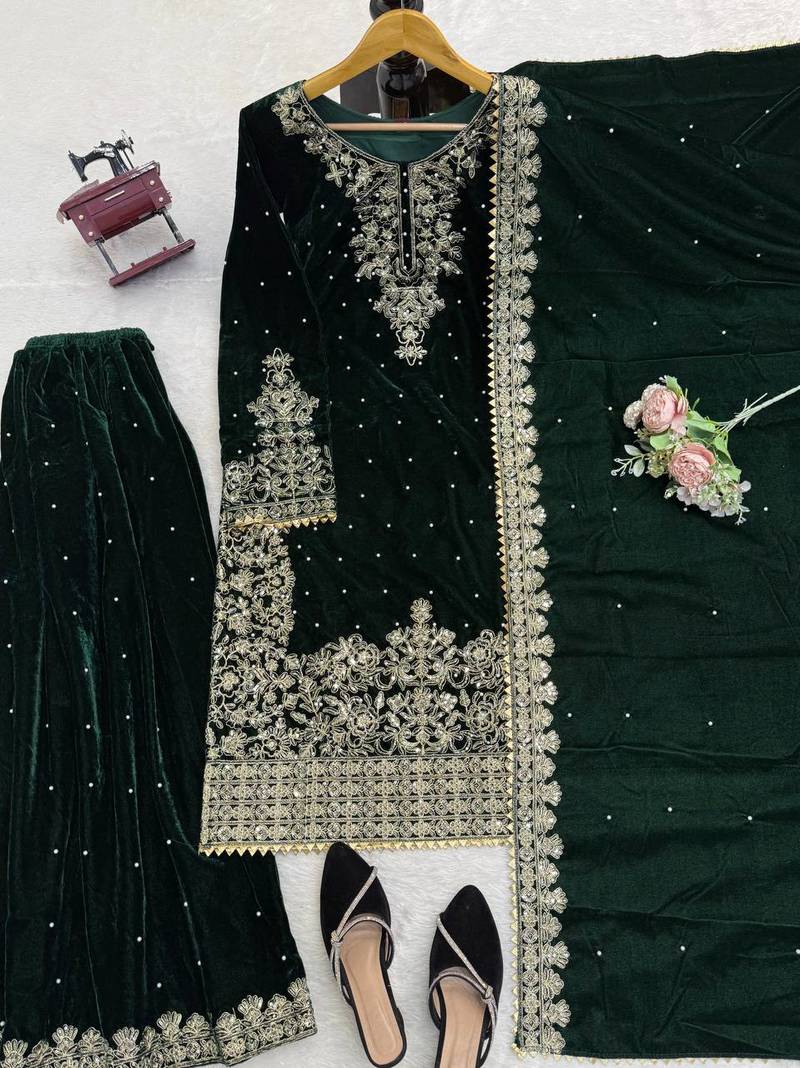 Green viscose velvet cording sequence with moti work top bottom with dupatta
