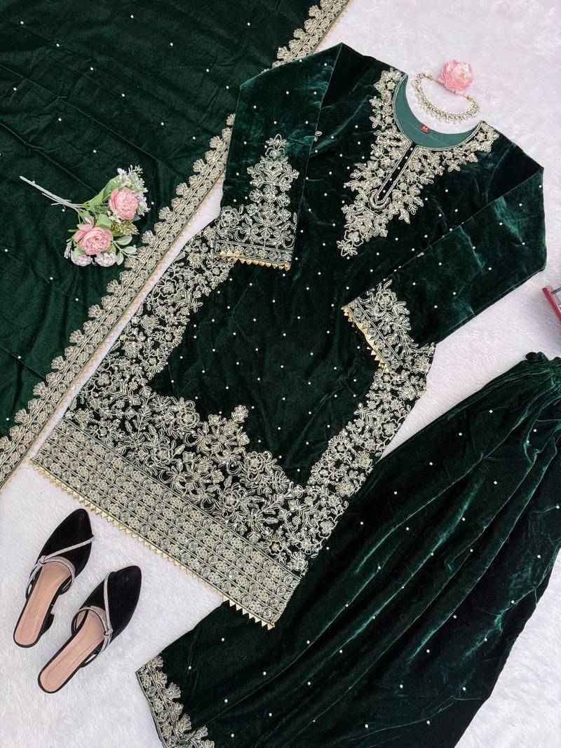 Green viscose velvet cording sequence with moti work top bottom with dupatta