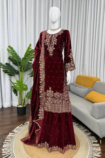 Maroon viscose velvet cording sequence with moti work top bottom with dupatta