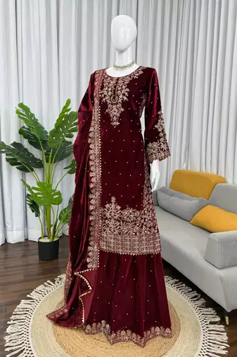Maroon viscose velvet cording sequence with moti work top bottom with dupatta
