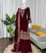 Maroon viscose velvet cording sequence with moti work top bottom with dupatta