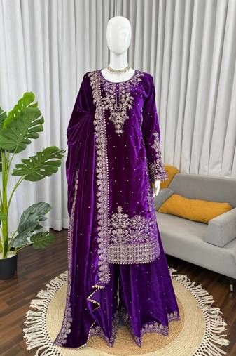 Purple viscose velvet cording sequence with moti work top bottom with dupatta