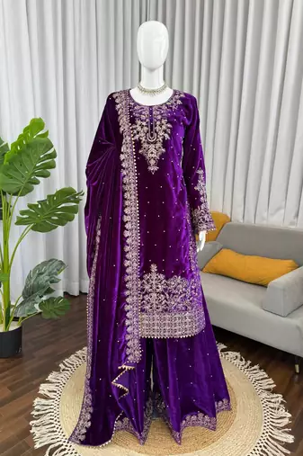 Purple viscose velvet cording sequence with moti work top bottom with dupatta