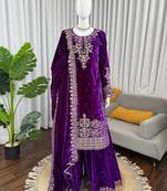 Purple viscose velvet cording sequence with moti work top bottom with dupatta