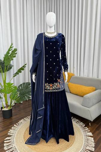 Blue viscose velvet thread sequence work kurta & plazzo with dupatta