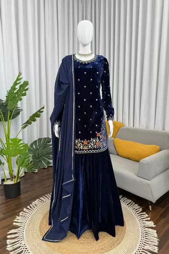 Blue viscose velvet thread sequence work kurta & plazzo with dupatta