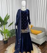 Blue viscose velvet thread sequence work kurta & plazzo with dupatta