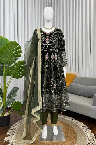 Mehendi viscose velvet thread sequence work top-bottom with dupatta