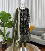 Mehendi viscose velvet thread sequence work top-bottom with dupatta