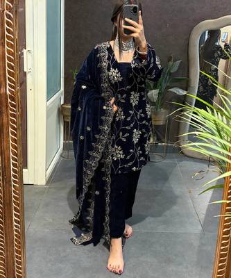 Blue velvet fornt embroidery work kurta with bottom & dupatta 1