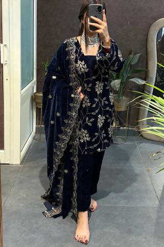 Blue velvet fornt embroidery work kurta with bottom & dupatta