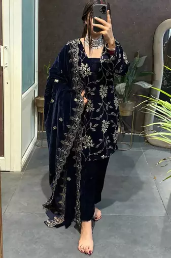 Blue velvet fornt embroidery work kurta with bottom & dupatta