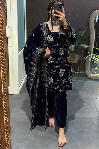 Blue velvet fornt embroidery work kurta with bottom & dupatta
