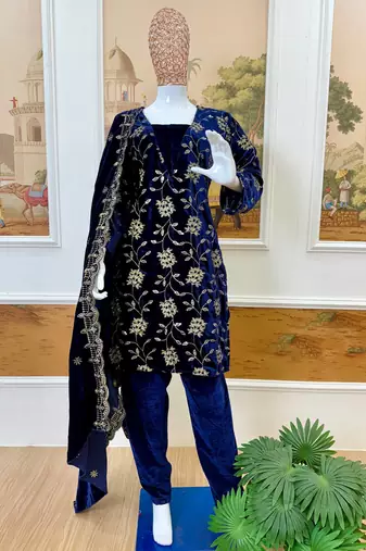Blue velvet fornt embroidery work kurta with bottom & dupatta