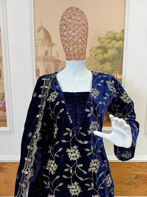 Blue velvet fornt embroidery work kurta with bottom & dupatta 4