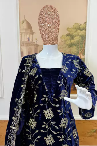 Blue velvet fornt embroidery work kurta with bottom & dupatta