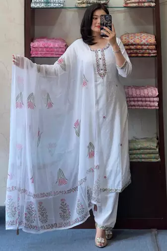 Women's Gorgeous Georgette Butti Fabric Embroidery Work Straight Kurta Pant and Dupatta Set