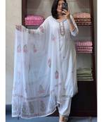 Women's  Georgette Butti Embroidery Work Straight Kurta Pant and Dupatta Set