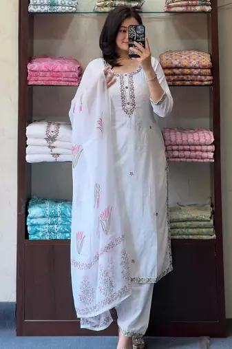 Women's  Georgette Butti Embroidery Work Straight Kurta Pant and Dupatta Set