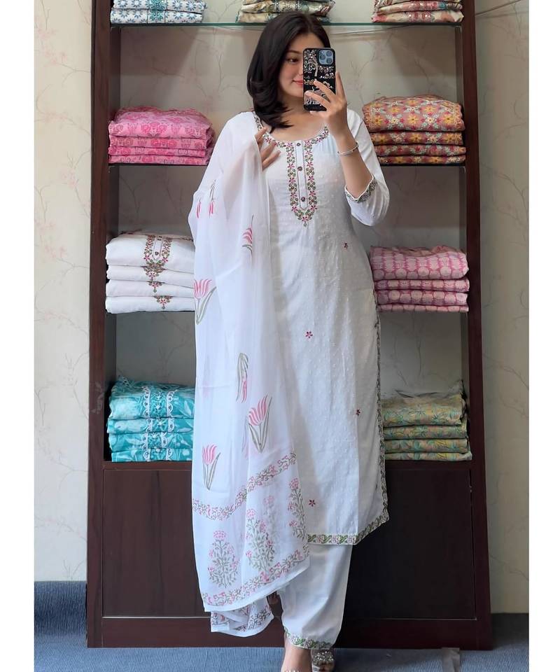 Women's Gorgeous Georgette Butti Fabric Embroidery Work Straight Kurta Pant and Dupatta Set