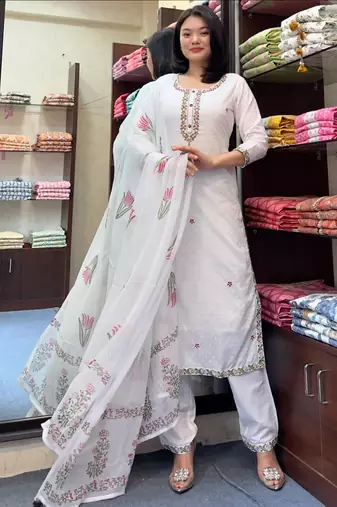 Women's  Georgette Butti Embroidery Work Straight Kurta Pant and Dupatta Set
