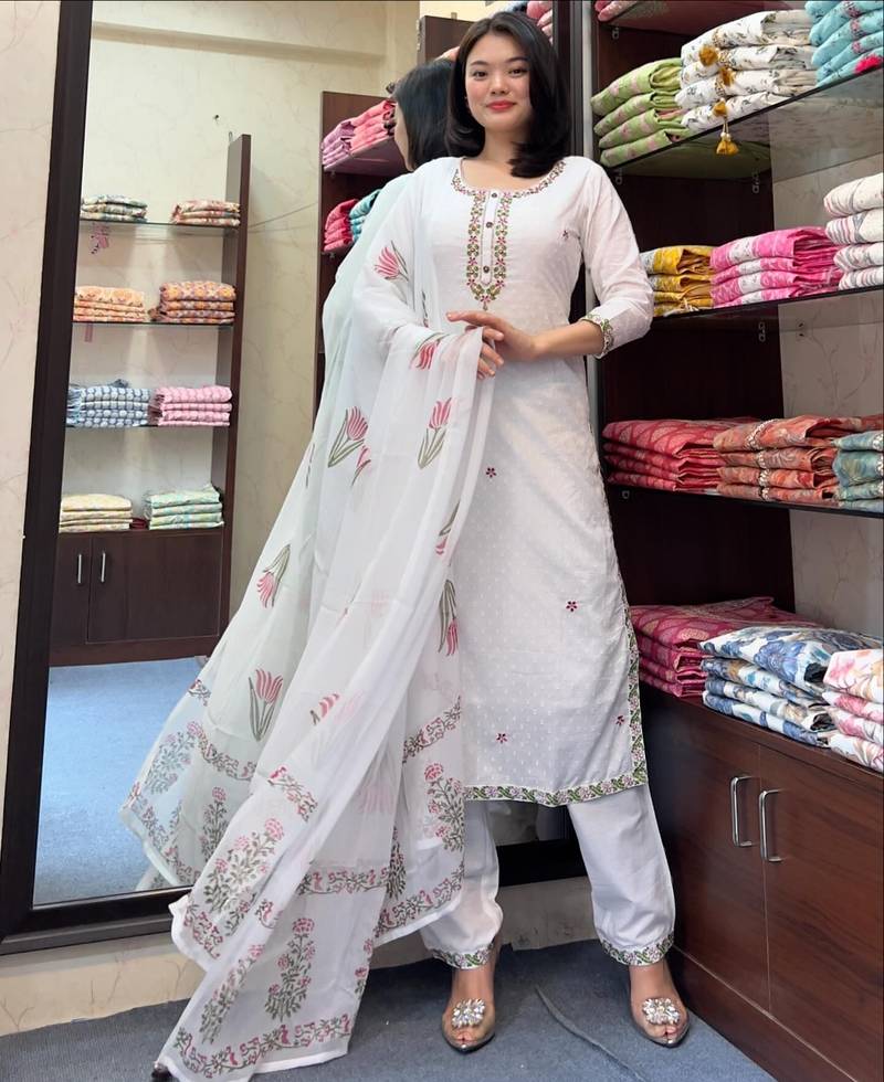 Women's Gorgeous Georgette Butti Fabric Embroidery Work Straight Kurta Pant and Dupatta Set