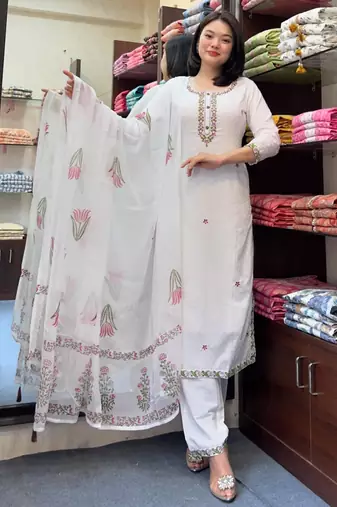 Women's  Georgette Butti Embroidery Work Straight Kurta Pant and Dupatta Set