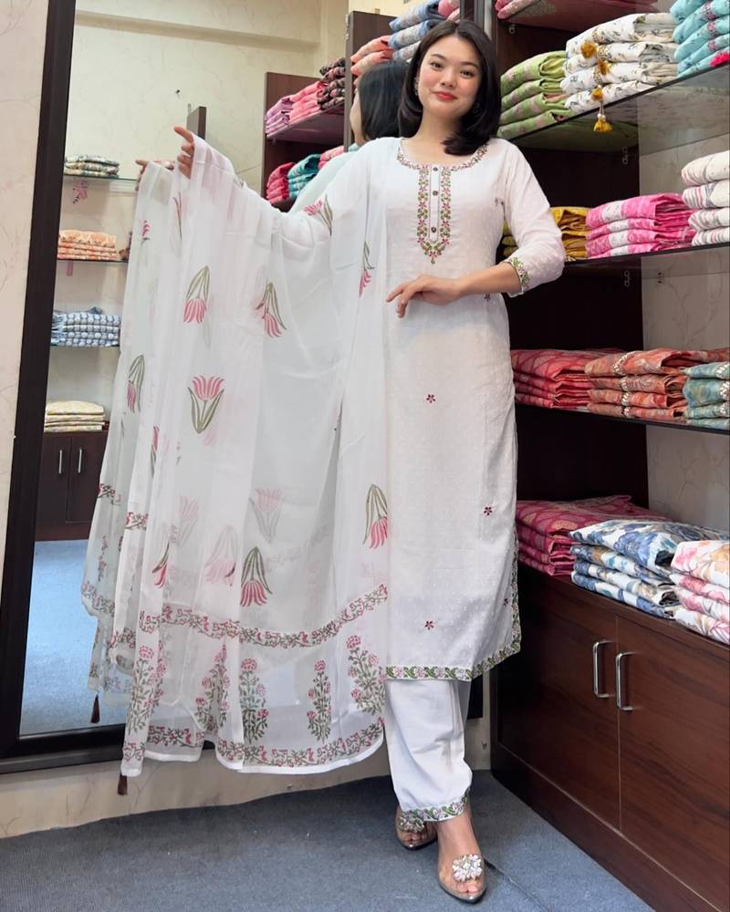 Women's Gorgeous Georgette Butti Fabric Embroidery Work Straight Kurta Pant and Dupatta Set