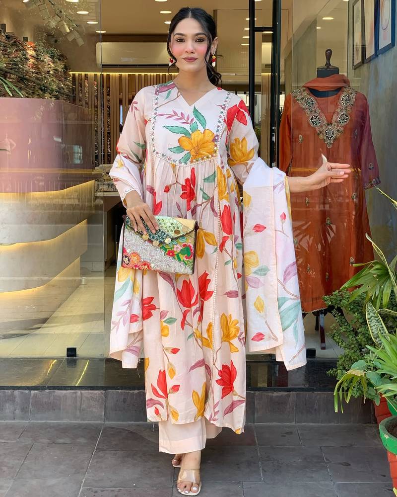 Women's Gorgeous Cotton Fabric Printed Work Straight Kurta Pant and Dupatta Set