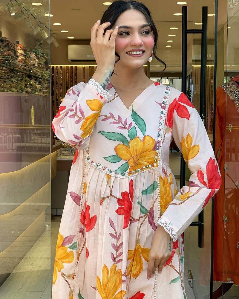 Women's Gorgeous Cotton Fabric Printed Work Straight Kurta Pant and Dupatta Set