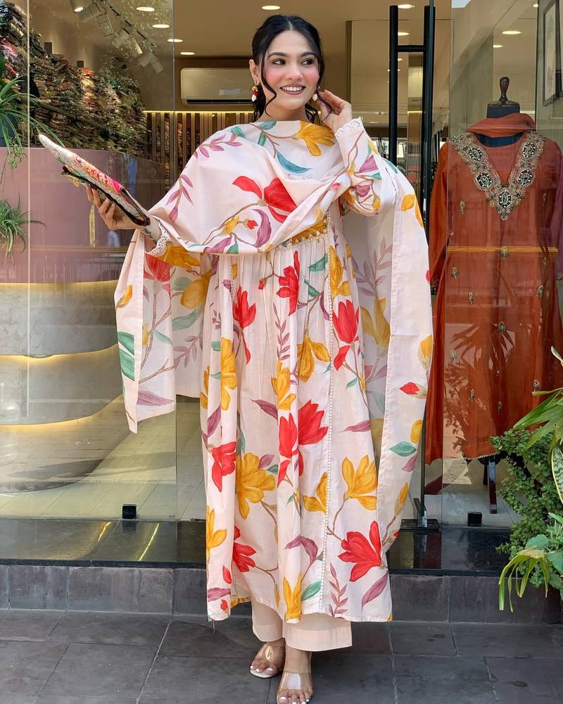 Women's Gorgeous Cotton Fabric Printed Work Straight Kurta Pant and Dupatta Set