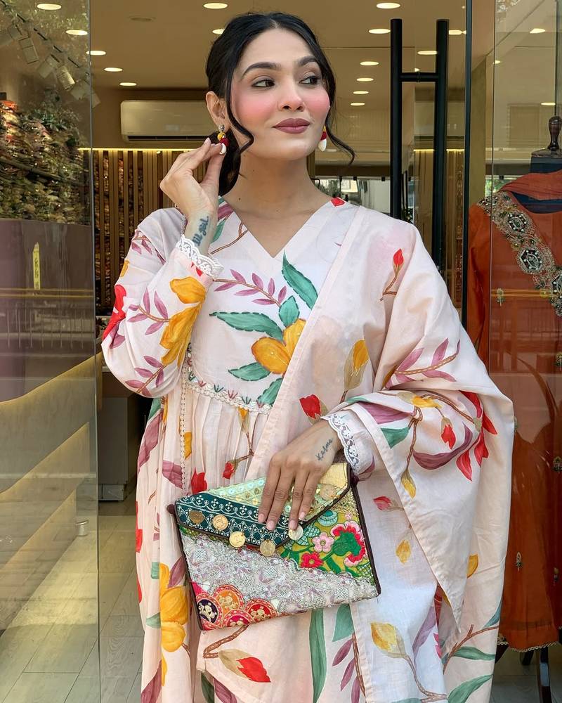 Women's Gorgeous Cotton Fabric Printed Work Straight Kurta Pant and Dupatta Set