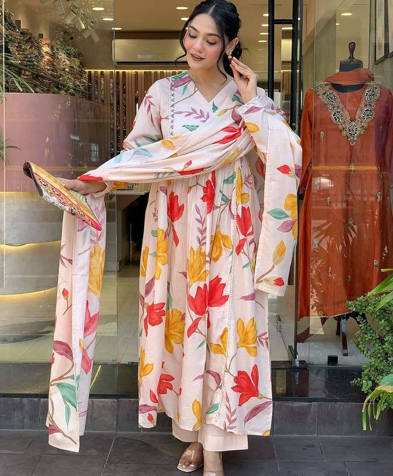 Women's Gorgeous Cotton Fabric Printed Work Straight Kurta Pant and Dupatta Set