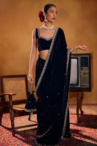 Black Velvet Embroidery Lace Work Saree with Unstitched Blouse