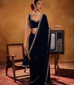 Black Velvet Embroidery Lace Work Saree with Unstitched Blouse