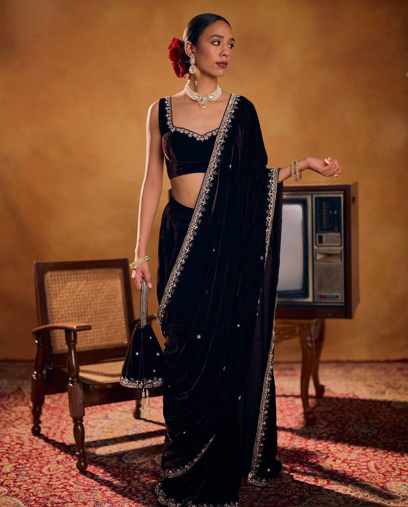 Black Velvet Embroidery Lace Work Saree with Unstitched Blouse