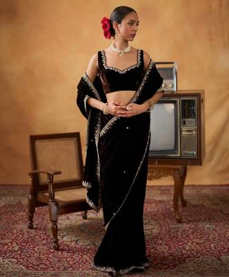 Black Velvet Embroidery Lace Work Saree with Stitched Blouse 2
