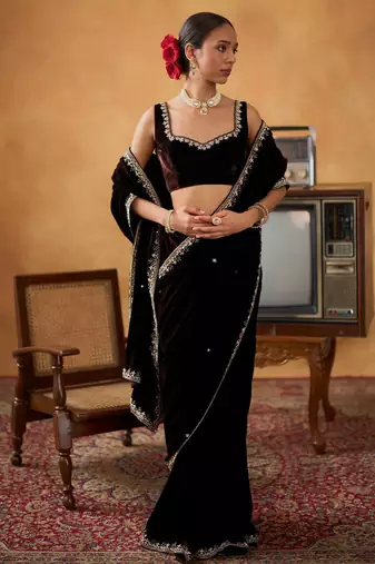 Black Velvet Embroidery Lace Work Saree with Stitched Blouse