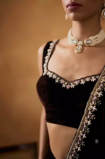 Black Velvet Embroidery Lace Work Saree with Stitched Blouse