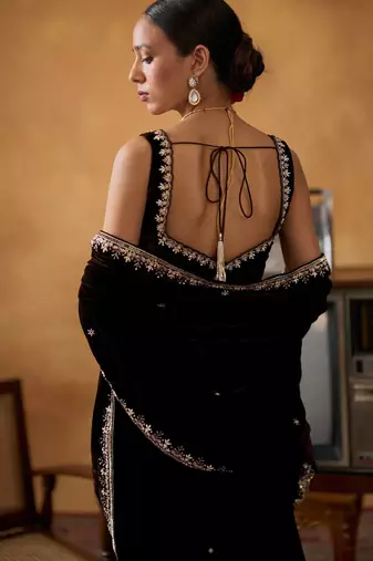 Black Velvet Embroidery Lace Work Saree with Stitched Blouse