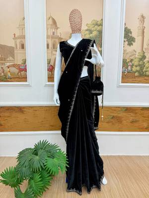 Black Velvet Embroidery Lace Work Saree with Stitched Blouse 5