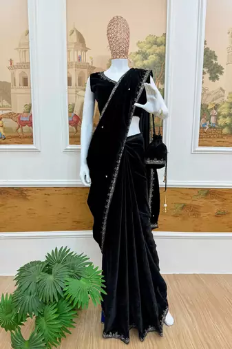 Black Velvet Embroidery Lace Work Saree with Stitched Blouse
